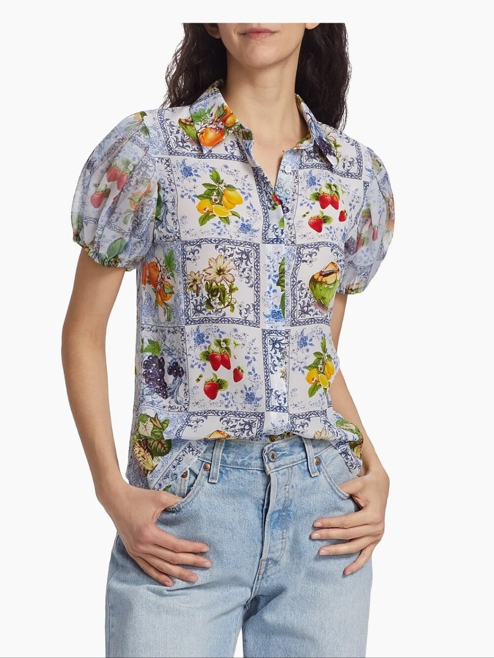 100% Silk  ALICE + OLIVIA Willa Vibrant Fruit Print Blouse